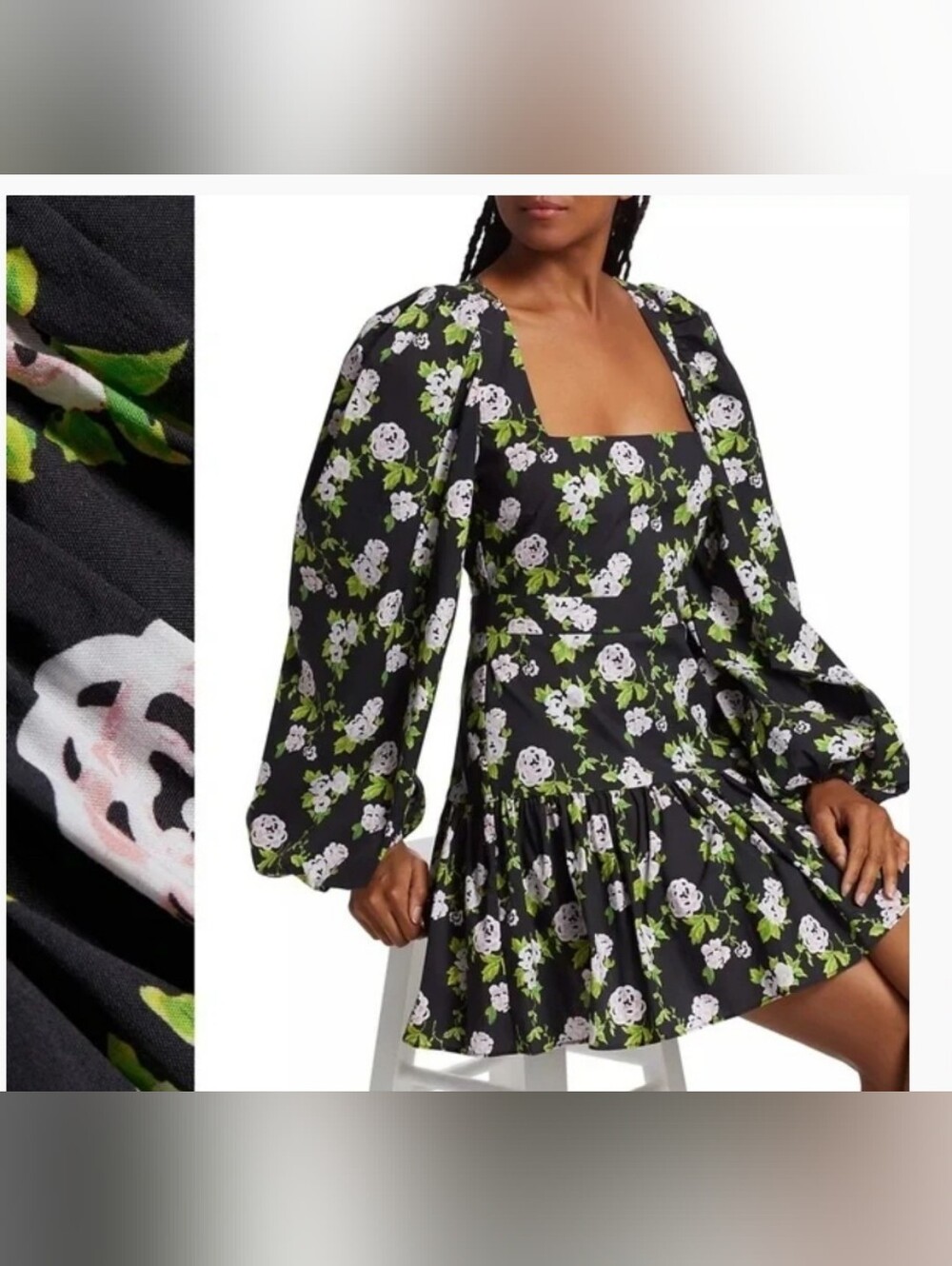 Caroline Constas Black Mini  Floral Puff-Sleeve Julian Mini Dress Sz M NWT